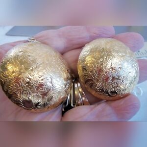 Vintage Givenchy Paris Lg Round Goldtone Floral Etched Clip-on 2" Earrings